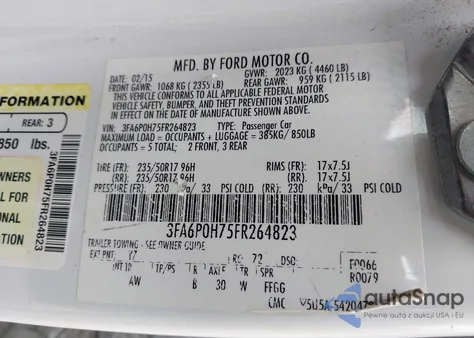 2015 Ford Fusion Se z USA, uszkodzony, nr VIN 3FA6P0H75FR264823